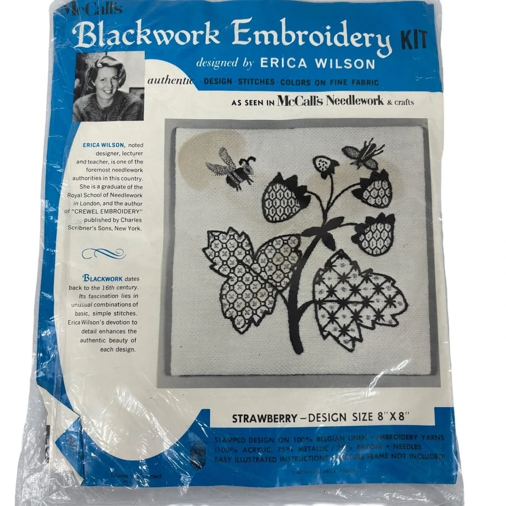 RARE Erica Wilson Blackwork Embroidery Kit Strawberry Bee 1968 Linen Metalic MCM